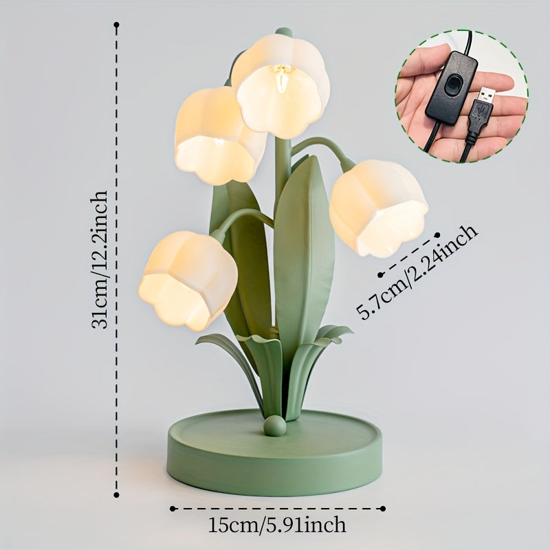 Pink warm table lamp, gold light luxury table lamp, five lily of the valley flowers table lamp, creative acrylic flower shape, home decoration desk lamp, floral theme ambiance light, themed homestay hotel decorative lamp