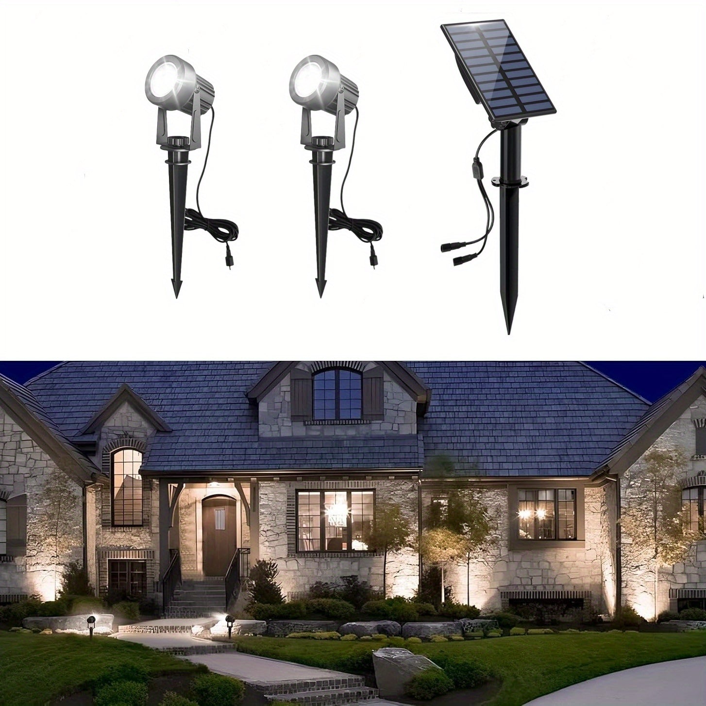 2-in-1 outdoor solar spotlight, cool white and warm white dual LEDs, IP65 protection rating, 9.8ft cable, automatic on/off function – suitable for garden, driveway, pool, courtyard, walkway (plug and play installation)