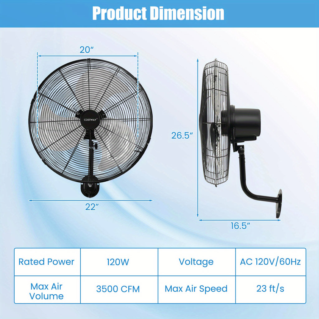COSTWAY 20 Inch Heavy-Duty Metal Wall Mount Fan, 3 Speed Settings, 85° Oscillation & 30° Adjustable Tilt Head, ETL Listed Black Wall Fan for Home Industrial Commercial Use