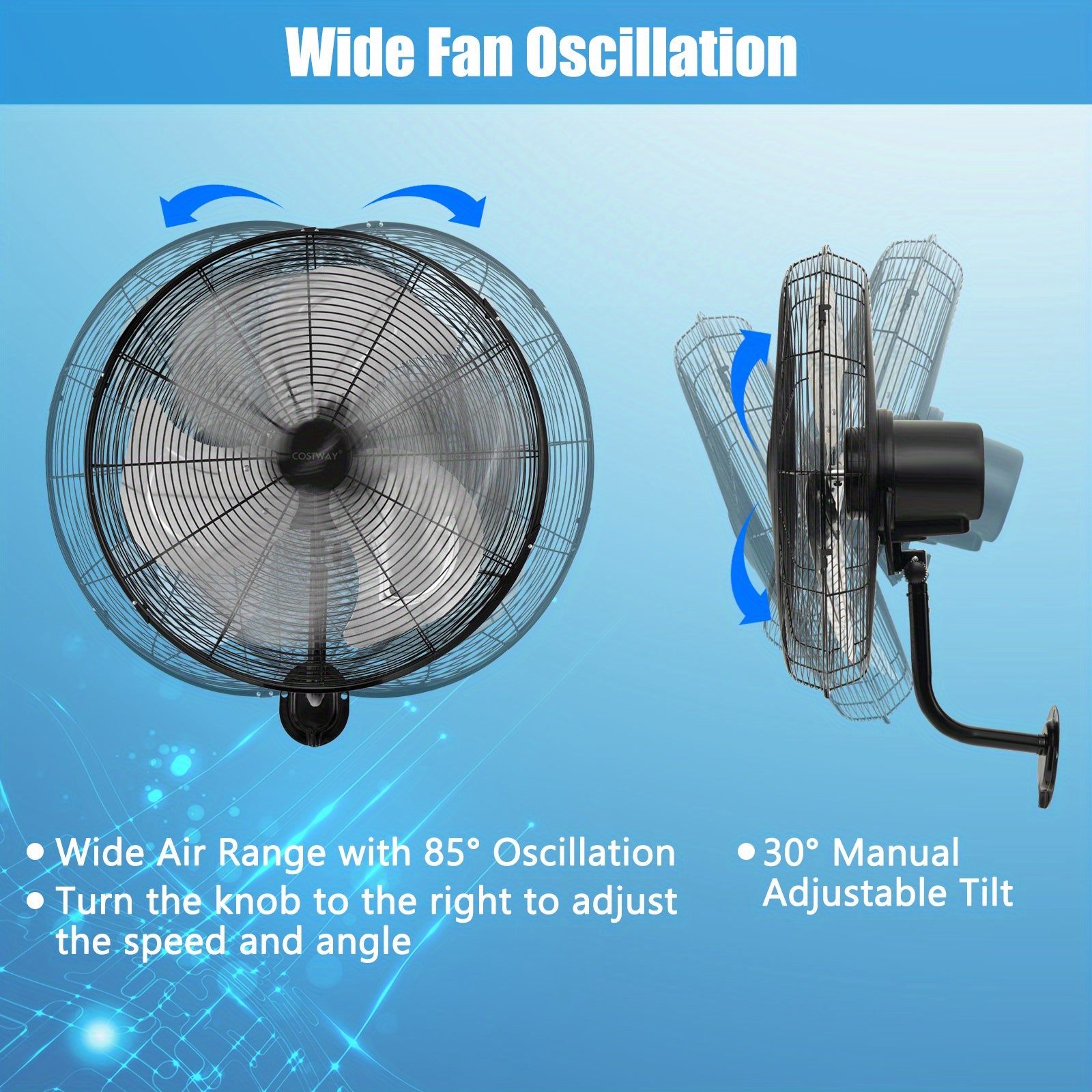COSTWAY 20 Inch Heavy-Duty Metal Wall Mount Fan, 3 Speed Settings, 85° Oscillation & 30° Adjustable Tilt Head, ETL Listed Black Wall Fan for Home Industrial Commercial Use