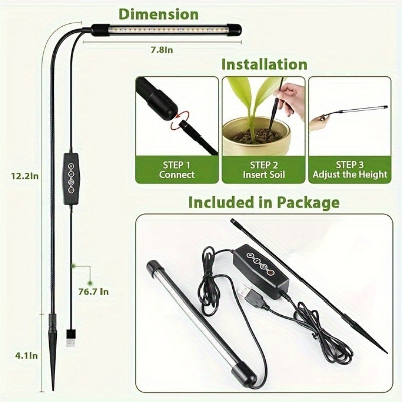 Full Spectrum LED Indoor Plant Grow Light - 6000K, Gooseneck Design, Auto On/Off & 5 Dimmable Levels, USB Powered, Ideal for Seedlings, Succulents and Small Plants