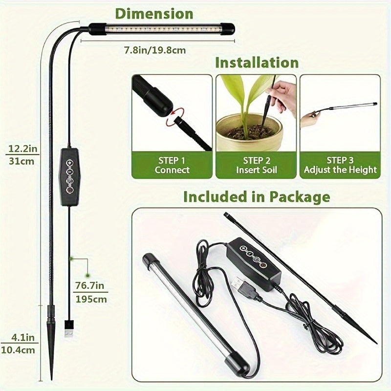 Full Spectrum LED Indoor Plant Grow Light - 6000K, Gooseneck Design, Auto On/Off & 5 Dimmable Levels, USB Powered, Ideal for Seedlings, Succulents and Small Plants