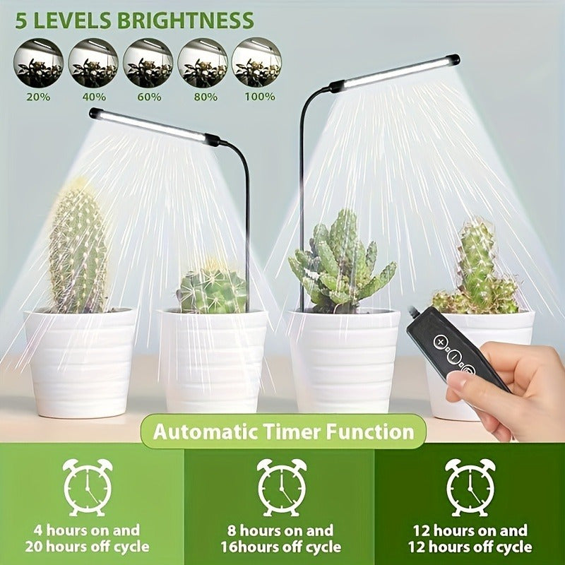 Full Spectrum LED Indoor Plant Grow Light - 6000K, Gooseneck Design, Auto On/Off & 5 Dimmable Levels, USB Powered, Ideal for Seedlings, Succulents and Small Plants