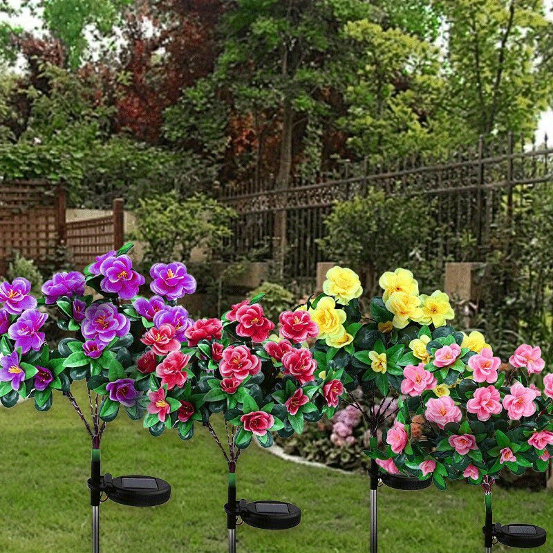 4套太阳能杜鹃灯，暖色灯光，84朵花，节日庭院装饰花园灯，户外草坪装饰LED灯，仿真花，一朵玫瑰红，紫色，粉色，黄色各一