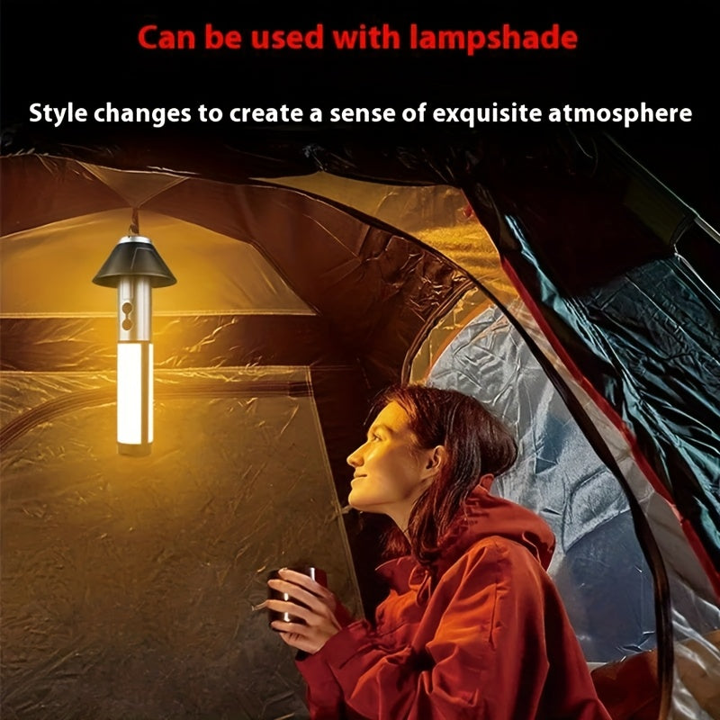 2-in-1 LED Camping Light & High Bright Flashlight, 4-Section Telescopic Rod, 270° Adjustable Beam, Hook Design, Detachable Shade Cover, Dual Switch Modes, USB Rechargeable Camping Lamp with Bracket Base, Ideal for Outdoor Adventure