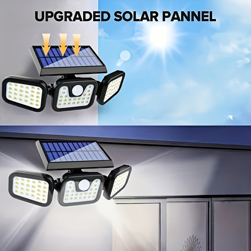 3-Head Solar Powered Triple Head Independent Wall Light - Outdoor Sensor! Yard Lighting. 3 Adjustable LED Heads Motion Activated, Dusk to Dawn Automatic ON/OFF. Emergency Lighting Mode, Energy Saving, Easy Installation