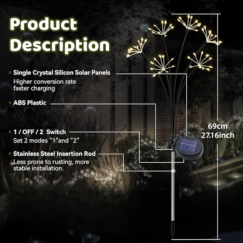 1PCS 6-Head 60LED Solar Garden Twinkling Copper Wire Firework Light, Solar Powered Light Sensor, Auto On/Off, Perfect for Outdoor Courtyard Path Garden Decoration, Christmas/Halloween Decoration