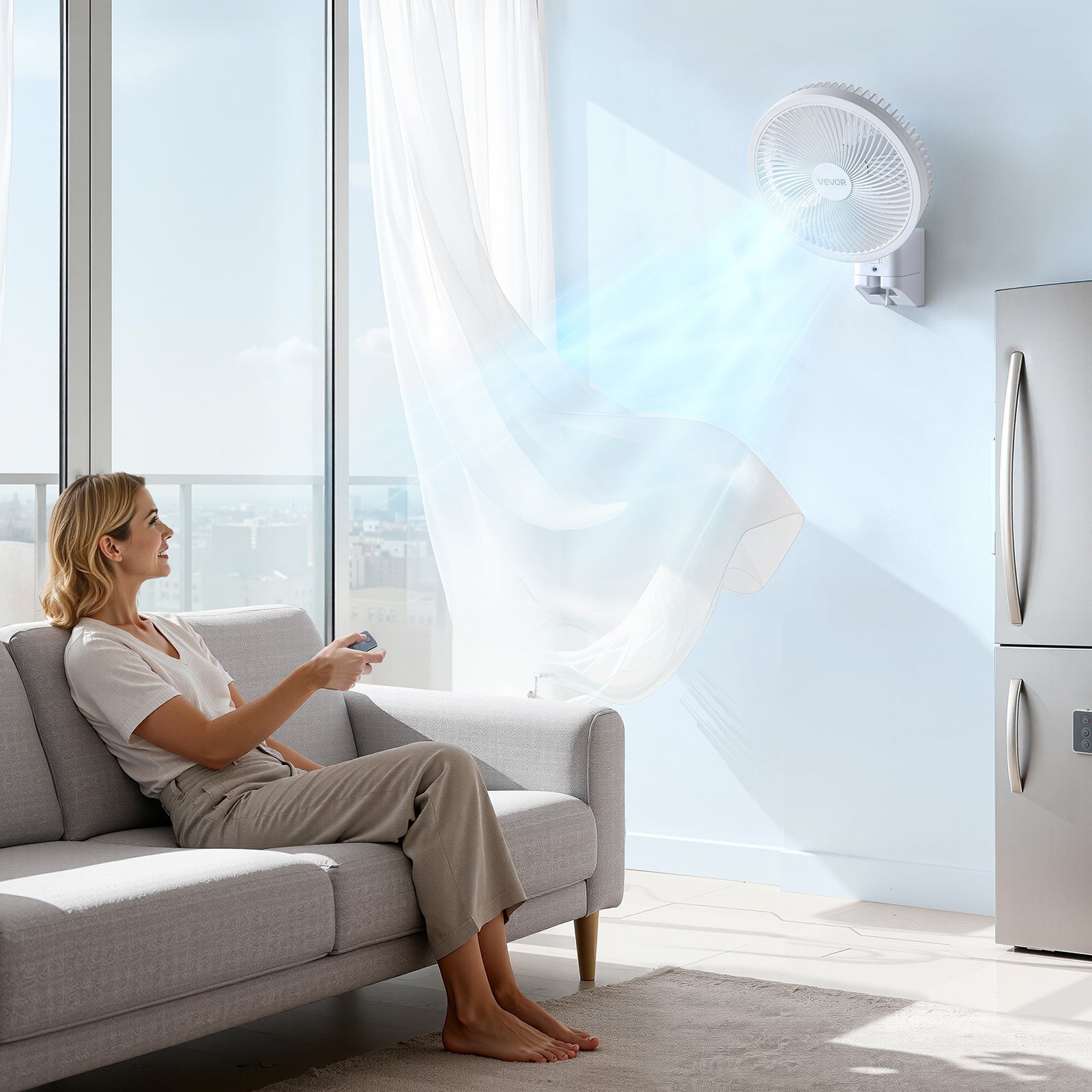 VEVOR 8.5 Inch Wall Mount Fan, Oscillating Ceiling Fan with Remote Control, 10FT Strong Airflow, DC Motor, 4 Speed Levels & Timing Function, Automatic 90° Horizontal Rotation & Manual Vertical Tilt, Ideal for Home Office RV Use