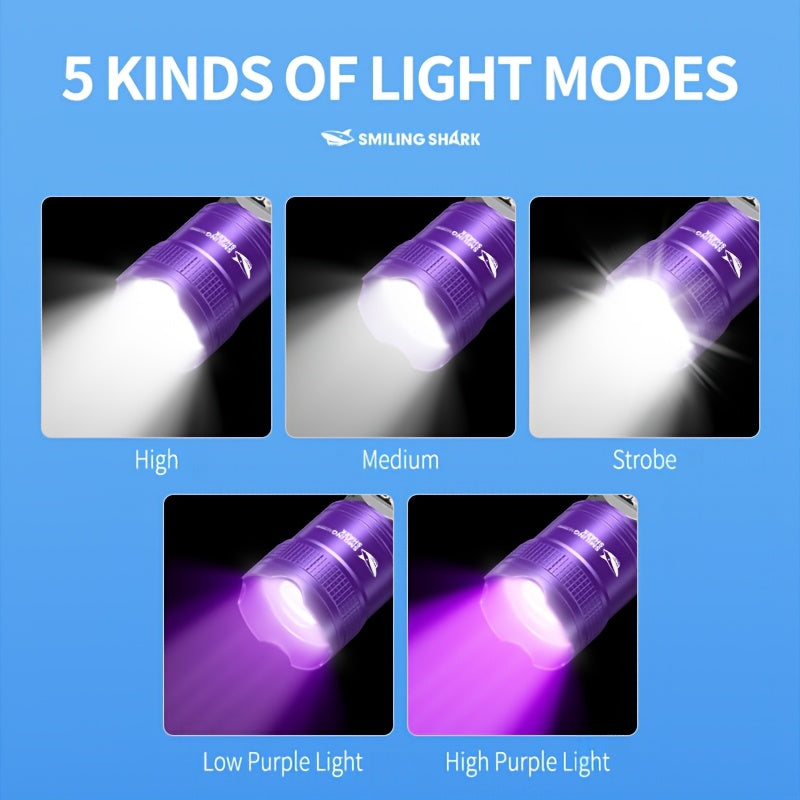 2-Pack Smiling Shark Rechargeable UV Flashlight | Xpe+395nm Purple Light, Retractable Focus Zoomable Flashlight, Detects Hidden Stains & Pet Soils, Lightweight & Portable, Built-in Lithium Battery, Long-Lasting, Ideal for Camping, Work & Travel