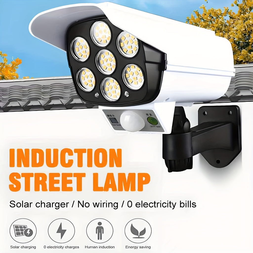 A Solar-Powered Motion Sensor Light with Remote Control And Adjustable Brightness, Featuring 77 LED Floodlights, Human Detection Lighting, And a Simulated Camera for Outdoor Porch And Garden Security Lighting, Energy-Efficient And Easy to Install