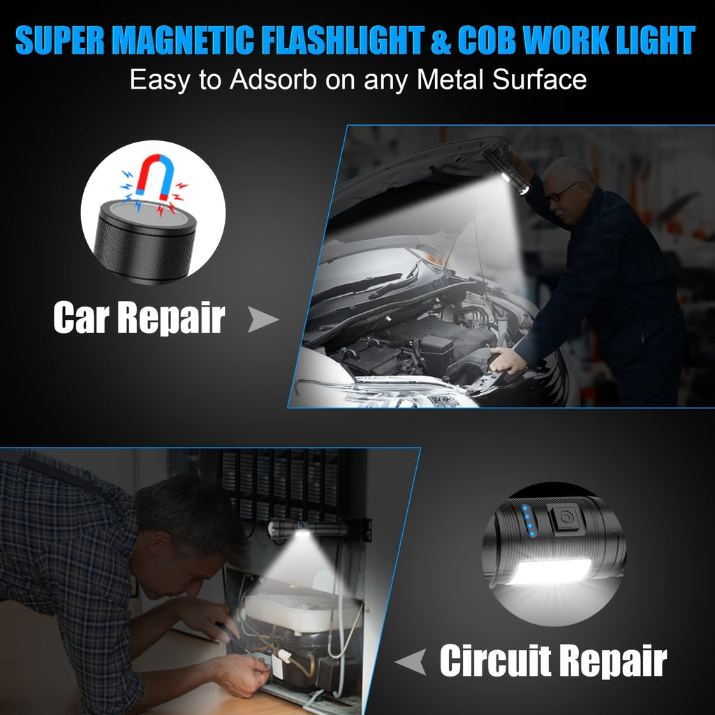 Rechargeable Magnetic Flashlight High Lumen Compact LED Pocket Light With COB Side Lighting USB-C Charging Zoom Function 7 Modes Ideal for Camping Tactical Use T035-1 Packaging