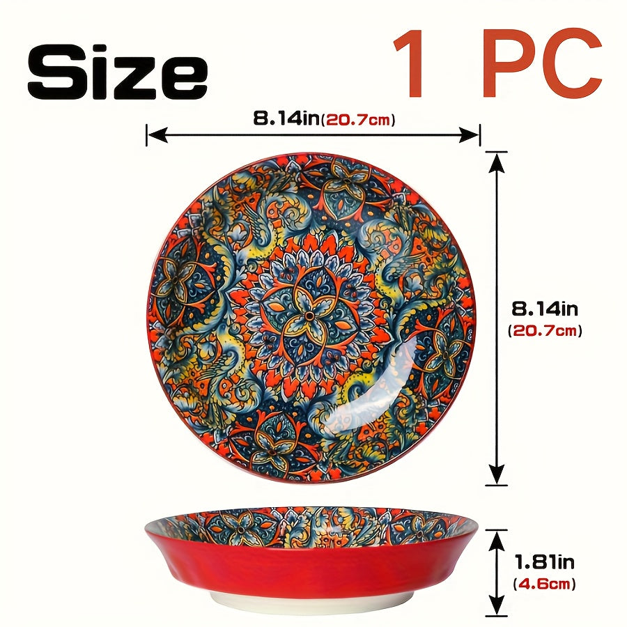 1-Piece Bohemian Floral Theme Ceramic Dinner Plate – 8-Inch Round Decorative All-Season Tableware, Perfect for Steak, Pasta, Breakfast – Microwave Safe Ceramic Dishware – Great for Christmas Gifts, Restaurant & Home Use