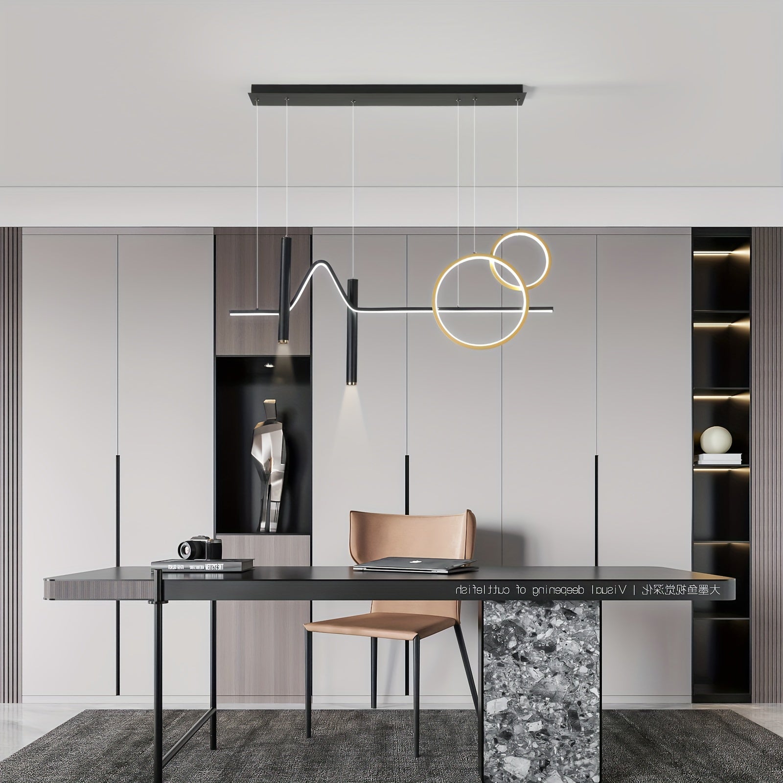 Enkerr modern gold dimmable LED pendant light, with remote control, adjustable color temperature (warm light/cool light), linear wave shape, compatible with spotlights (wall switch control), suitable for island, dining room, living room