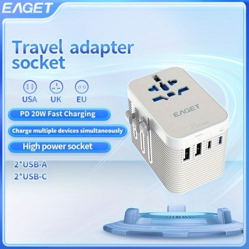 1pc Eaget Greatest Universal Travel Adapter Plus+ Power Strips | 2Usb And 2Type-C Ports, 100V-250V Input, Us/Eu/Uk/Au Plugs, Short-Circuit Protection, All-In-One Wall Charger High-Speed Travel Adapter For Over 350+ Countries