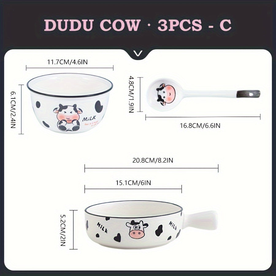 DUDU Cow Ceramic Dinnerware – 3/4pcs, Cute Cartoon Style, Rice Bowl / Salad Bowl / Soup Bowl / Handle Bowl, Small Spoon – Perfect for Dormitory or College Students