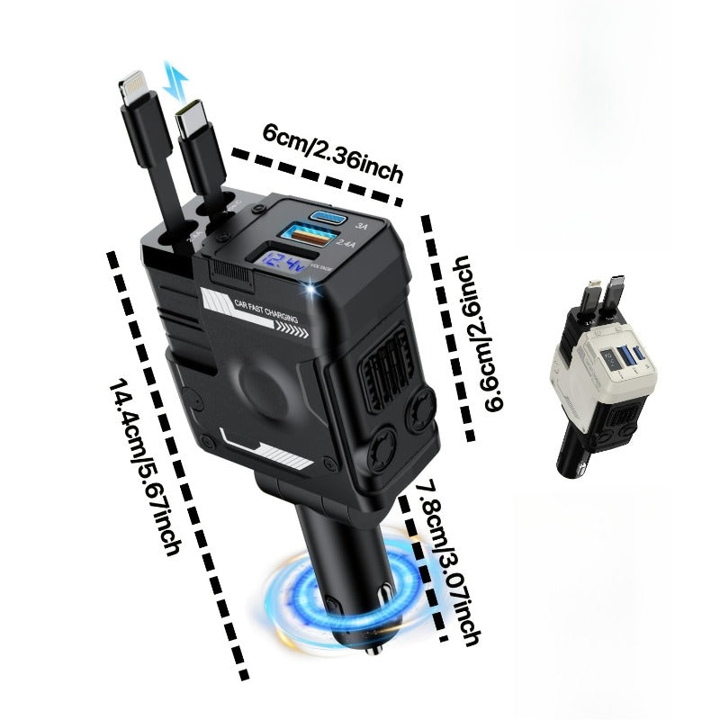 A Stylish Mech Car Charger That Offers Fast Charging, Supports Simultaneous Charging of Four Devices, Includes Two Retractable Cables, Features 180-Degree Rotation Adjustment, Has a Voltage Display Function