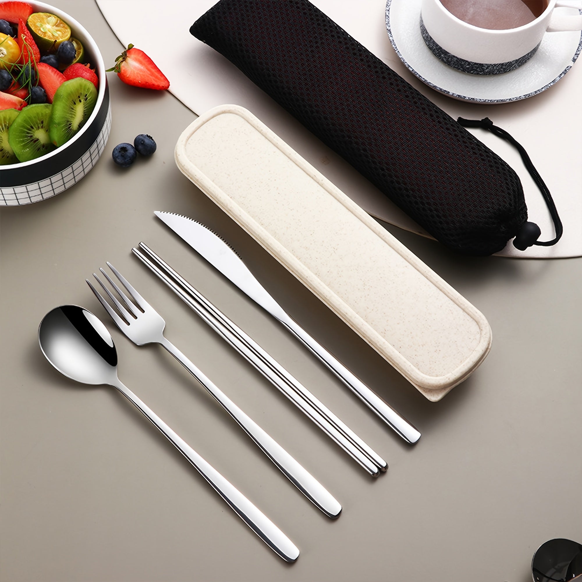 4pcs Stainless Steel Cutlery Set – Bright Polished Thickened Round Handle Dinner Knife, Chopsticks, Spoon, Fork Set – Portable Cutlery Box for Students, Outdoor Dining, Picnics