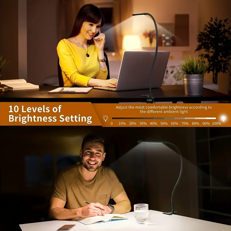 Clip-on desk lamp, soft gooseneck freely adjustable, adjustable brightness and dimmable, one-key switch: white light (efficient work), warm yellow (comfortable leisure), yellow light (romantic atmosphere), suitable for living rooms, studies