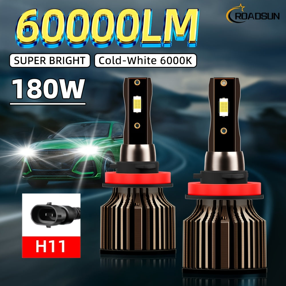 ROADSUN offers a set of 2 LED bulbs, compatible with H1, H7, H11, 9005, 9006, H4, H13, 9007 and 9004 types, providing a super bright output of 60000 lumens at 180 watts, and a color temperature of 6000K