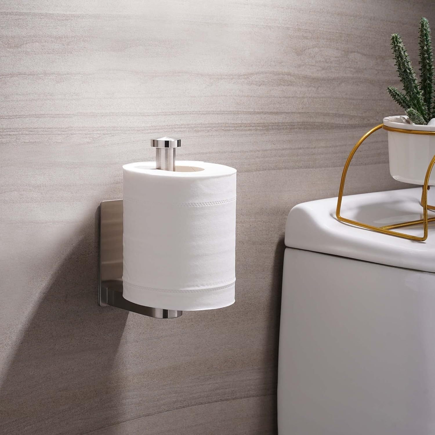 No-Drill Stainless Steel Toilet Paper Holder - Self-Adhesive Freestanding Paper Roll Holder for Bathroom & Kitchen, Brushed Finish, Rustproof Design, Easy Install, Modern Minimalist, Smooth Metal Surface