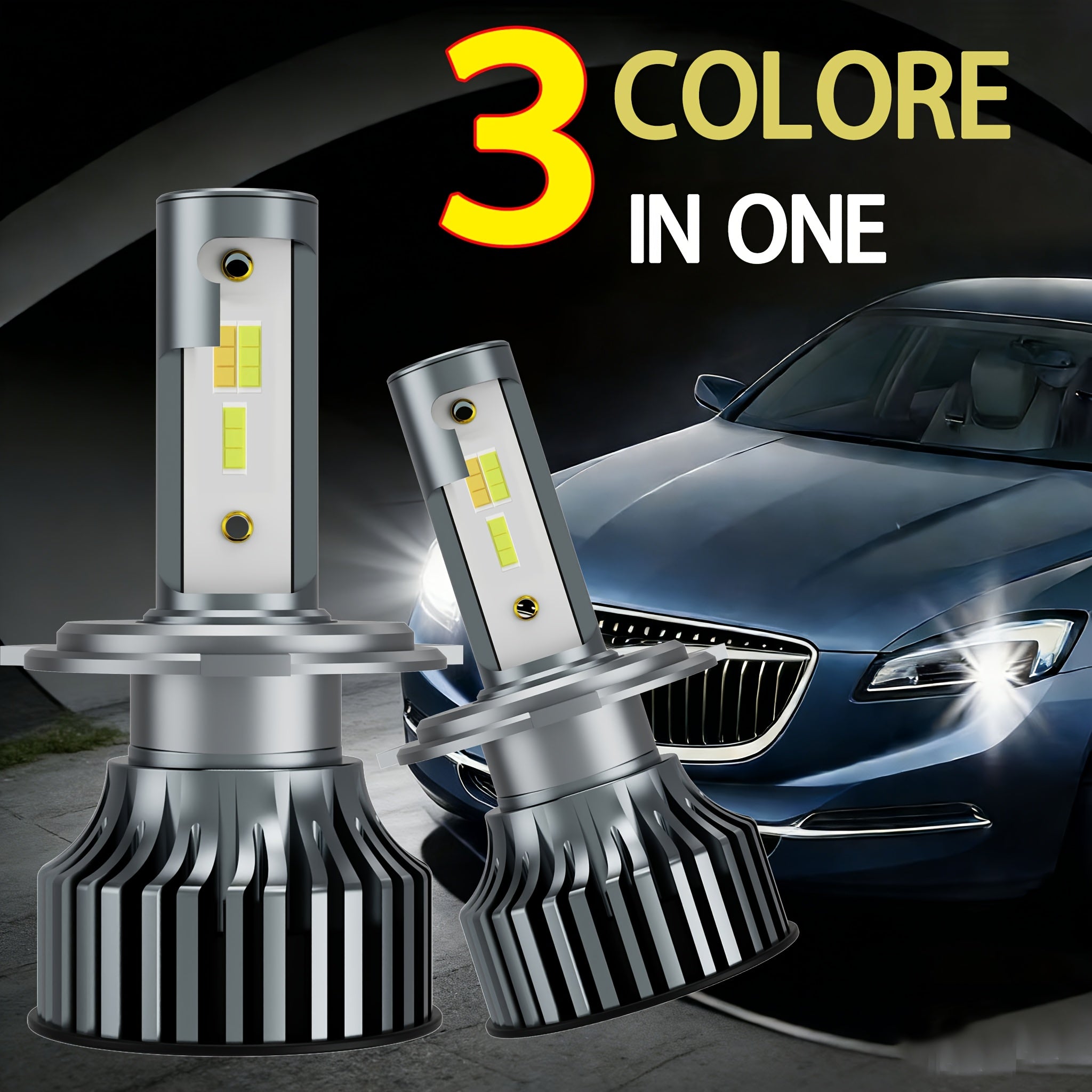 Tri-Color Car LED Headlight Kit, 2-Pack, H1 H4 H7 H11 9005 9012, 60000LM, Super Bright Fog Light Bulbs, Universal Compatibility, No Battery Included