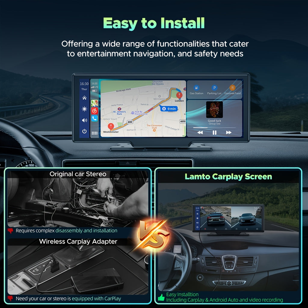 Lamtto 10.26" Wireless Carplay Display for Vehicles with 2.5K + 1080P Dash Cam, Portable Car Stereo GPS Navigation, Car Audio, Supports Android Auto, Airplay, Mirror Link, Compatible with 64GB TF Card, Universal Fit for All Vehicles