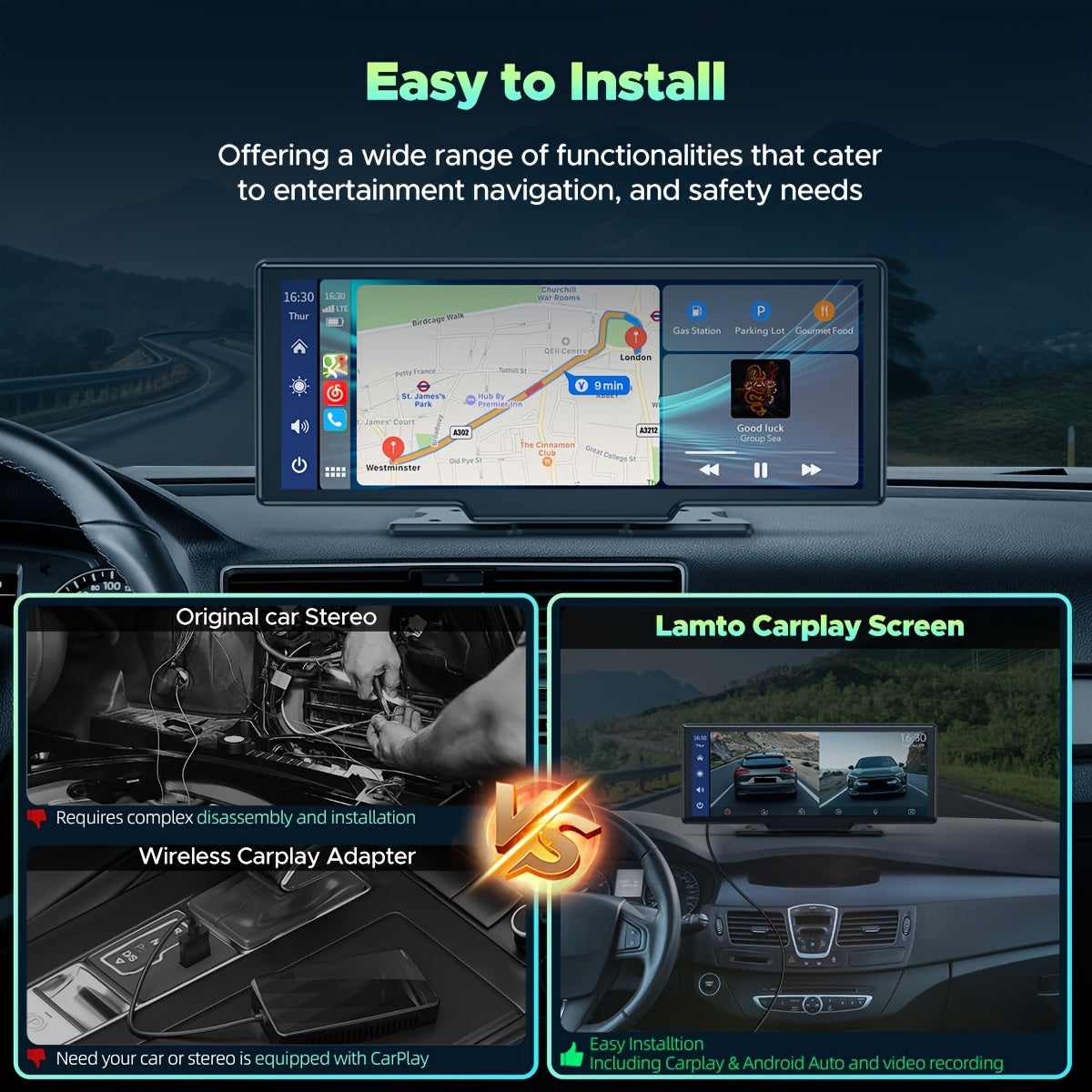 Lamtto 10.26" Wireless Carplay Display for Vehicles with 2.5K + 1080P Dash Cam, Portable Car Stereo GPS Navigation, Car Audio, Supports Android Auto, Airplay, Mirror Link, Compatible with 64GB TF Card, Universal Fit for All Vehicles