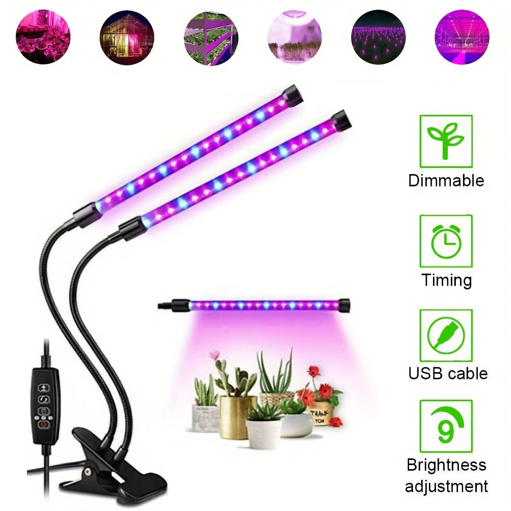 Dual-head round tube clip-on indoor plant grow light, three-color dimming (white/red/blue), with 3/9/12 hour timer function, allowing plants to enjoy sunlight indoors at night as well. Ideal birthday gift for gardening enthusiasts