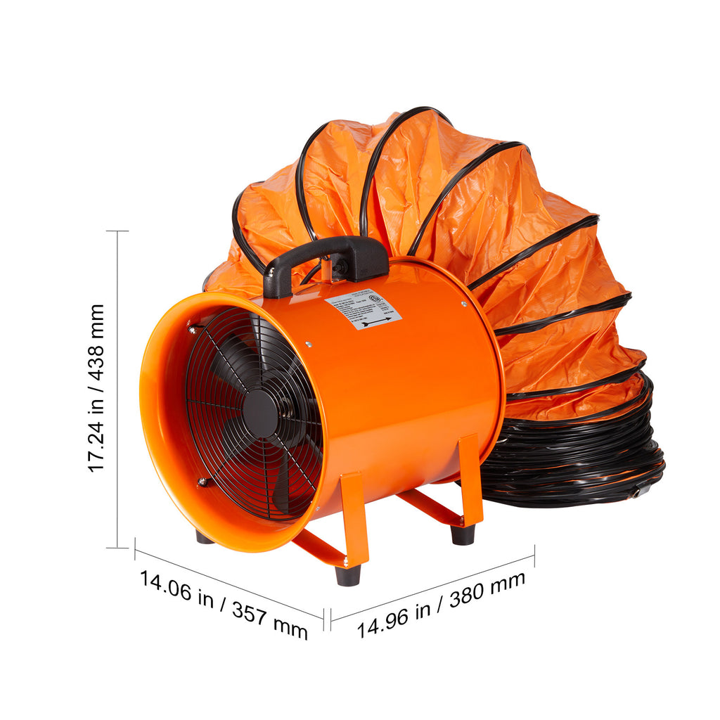 VEVOR Portable Ventilator, 12 Inch Heavy Duty Cylinder Fan with 16.4ft/33ft Duct Hose, 585W High Power Exhaust Fan, 3198CFM Industrial Smoke Dust Blower for Home Workplace Dust and Smoke Exhaust