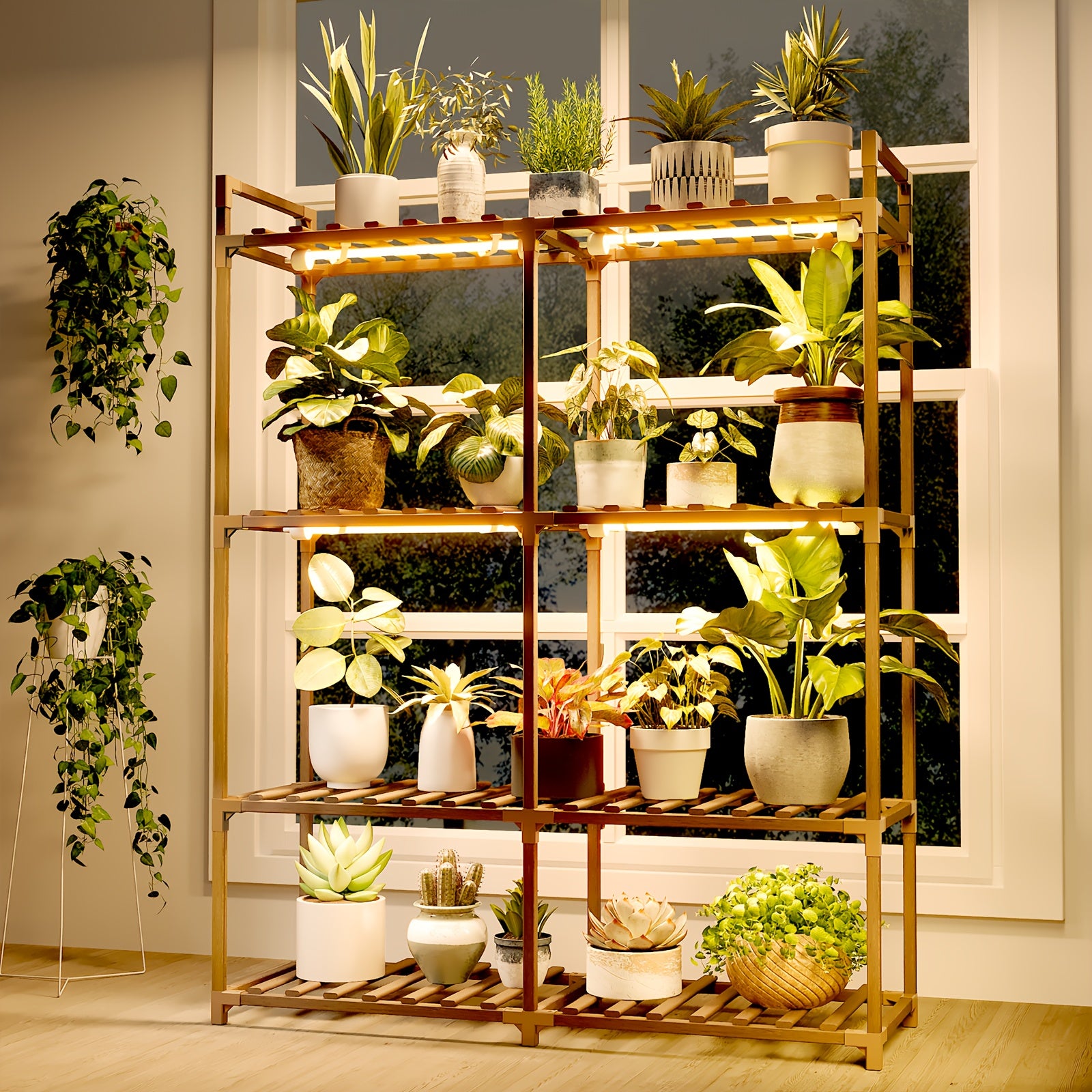 BF Plant Stand with Grow Light, 4-Tier Wooden Plant Stand, 44.7 Inch Tall Indoor Plant Shelf, Multi-Tier Large Plant Display Rack, Corner Plant Holder for Living Room & Patio