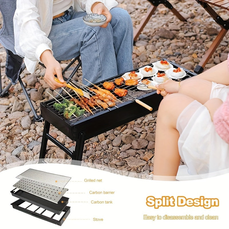 Heavy-Duty Portable Stainless Steel Charcoal Grill with Foldable Legs - Compact BBQ Grill for Camping, Picnic, Backyard | Ideal Choice for Adults, Quick-Ignition Campfire Grill with Carry Case, Polished Surface, Outdoor Cooking Grill