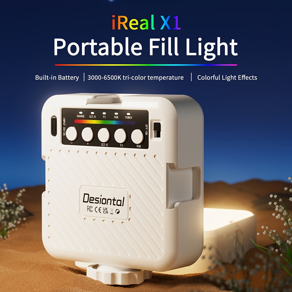 Desiontal iReal X1全彩RGB补光灯vlog相机拍摄柔光美颜灯带LED三色温3000-6500K模式户外便携手机自拍摄影打光静物拍摄 冷靴座和1/4螺孔安装