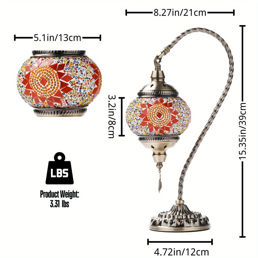 Turkish mosaic table lamp, Moroccan style metal base three-color handmade swan neck mosaic glass bedside lamp, suitable for bedroom and living room (bulb included)