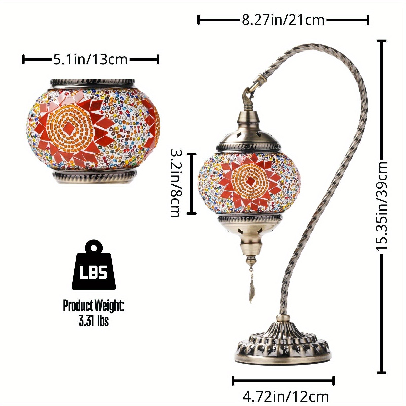 Turkish mosaic table lamp, Moroccan style metal base three-color handmade swan neck mosaic glass bedside lamp, suitable for bedroom and living room (bulb included)