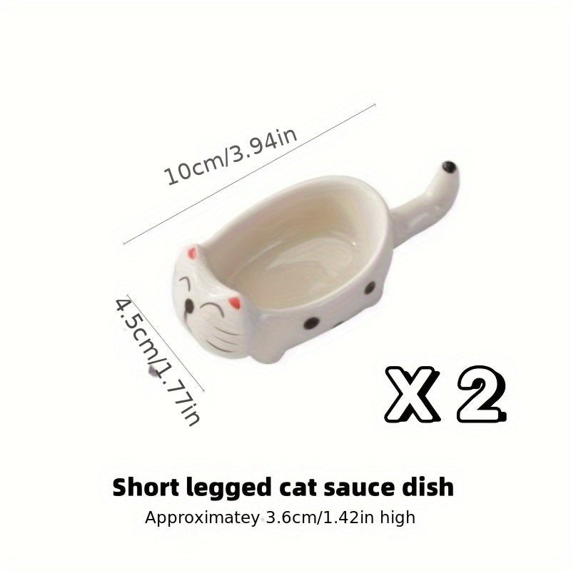 2Pcs/1Set Cat Ceramic Sauce Dish, Ins Japanese Style Cute Cat Multi-Functional Seasoning Tray 10*4.5cm/3.94*1.77in, Chopstick Rest, Small Plate for Snacks, Sushi, Soy Sauce Dip 13.5*4.5cm/5.31*1.77in