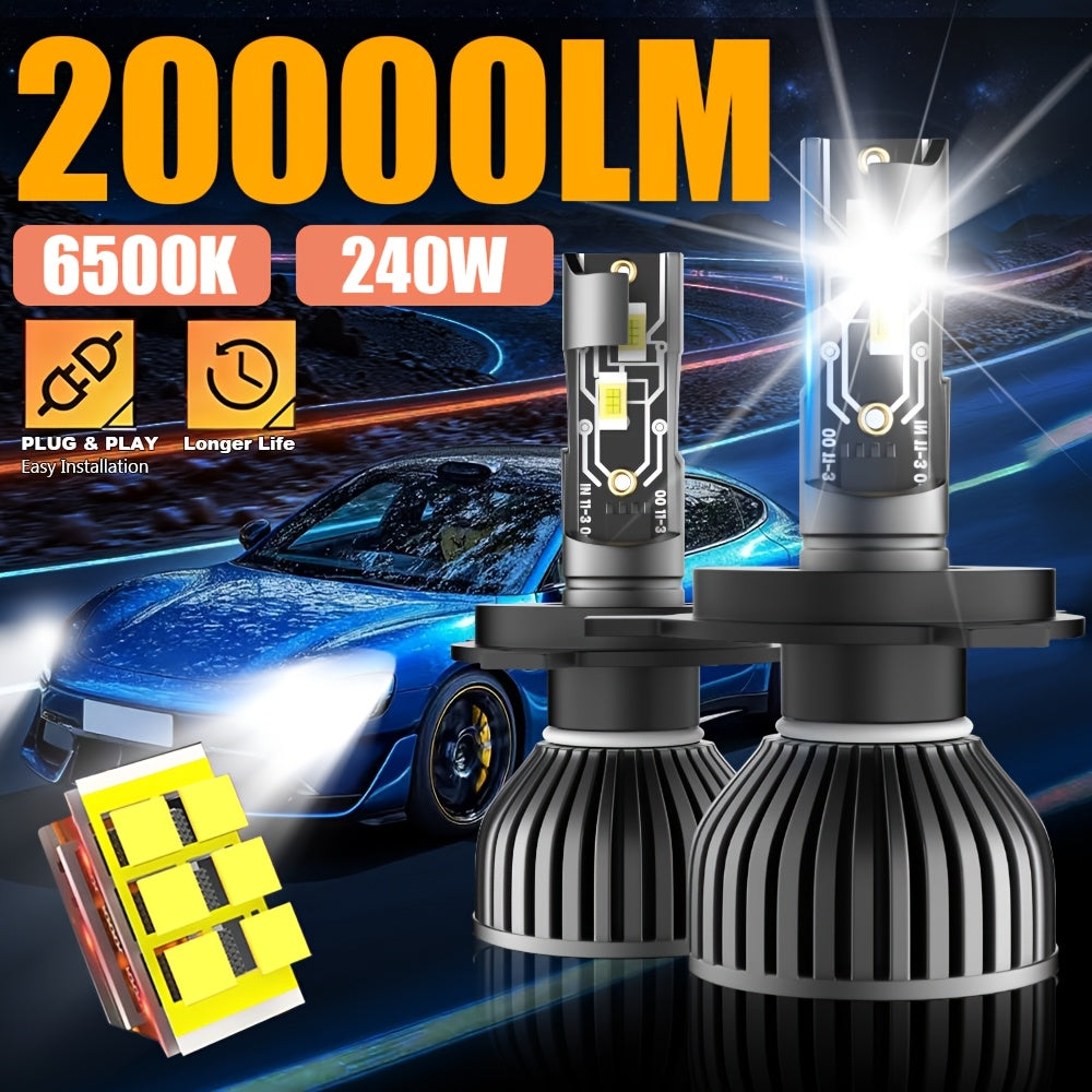 2 High Power Super Bright LED Bulbs H4/9003/HB2-C045 H7/H18/H1/H4/9003/HB2/H11/9005/H16/H9, 20000 Lumens, 6500K, 360° Beam Angle, Car Headlights, Plug-and-Play, 12V