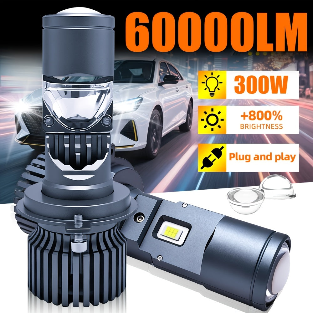 H4 LED Headlight Projector Lens Kit (2Pcs) H4/9003/HB2 - 60000 Lumens 300W, Designed Canbus Error-Free, Aerospace Aluminum Cooling Fan, Modern LED Lighting, Rugged & Durable, Easy to Install, No Battery Included