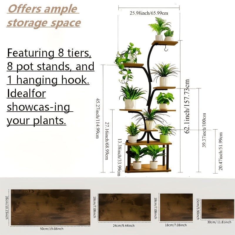 1-Piece Indoor Plant Stand with Adjustable Grow Light, 8-Tier Sturdy Metal Plant Display Shelf, 62 Inch Corner Storage Rack, Space-Saving Modern Style, Perfect for Home, Living Room, Bedroom and Balcony, Ideal for Potted Plants, Herbs and Succulents