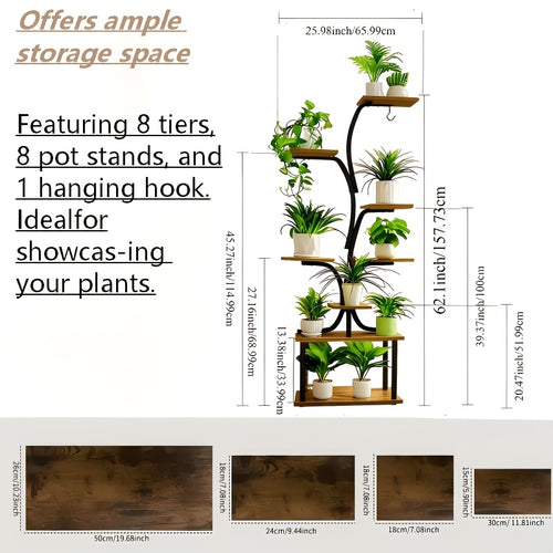 1-Piece Indoor Plant Stand with Adjustable Grow Light, 8-Tier Sturdy Metal Plant Display Shelf, 62 Inch Corner Storage Rack, Space-Saving Modern Style, Perfect for Home, Living Room, Bedroom and Balcony, Ideal for Potted Plants, Herbs and Succulents