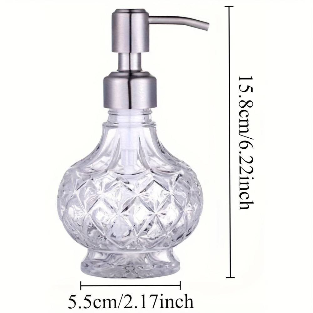 Glass Soap Dispenser with Pump - Clear Crystal Design, Vintage Elegance, Refillable Hand Soap Bottle for Bathroom Countertop & Kitchen Sink, 200ml/6.76oz