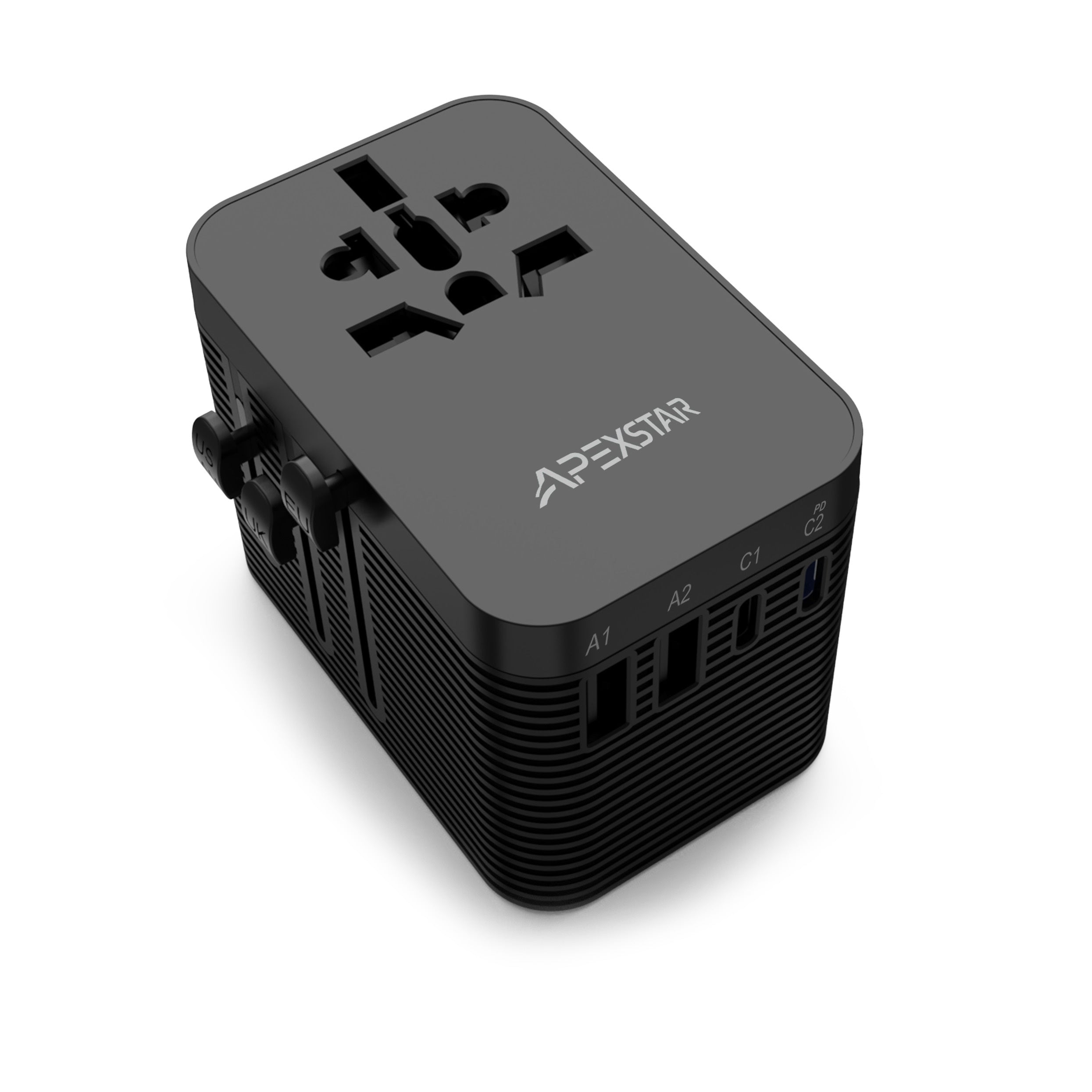 Apexstar Global Travel Adapter: A Must-Have for Travel Charging with PD & QC 3.0 Dual USB-C And 2 USB Travel Ports/ Multi-Country Compatible with Overload, Short-Circuit & Over-Temperature Protection/ Multiple Safety Features for Worry-Free Charging