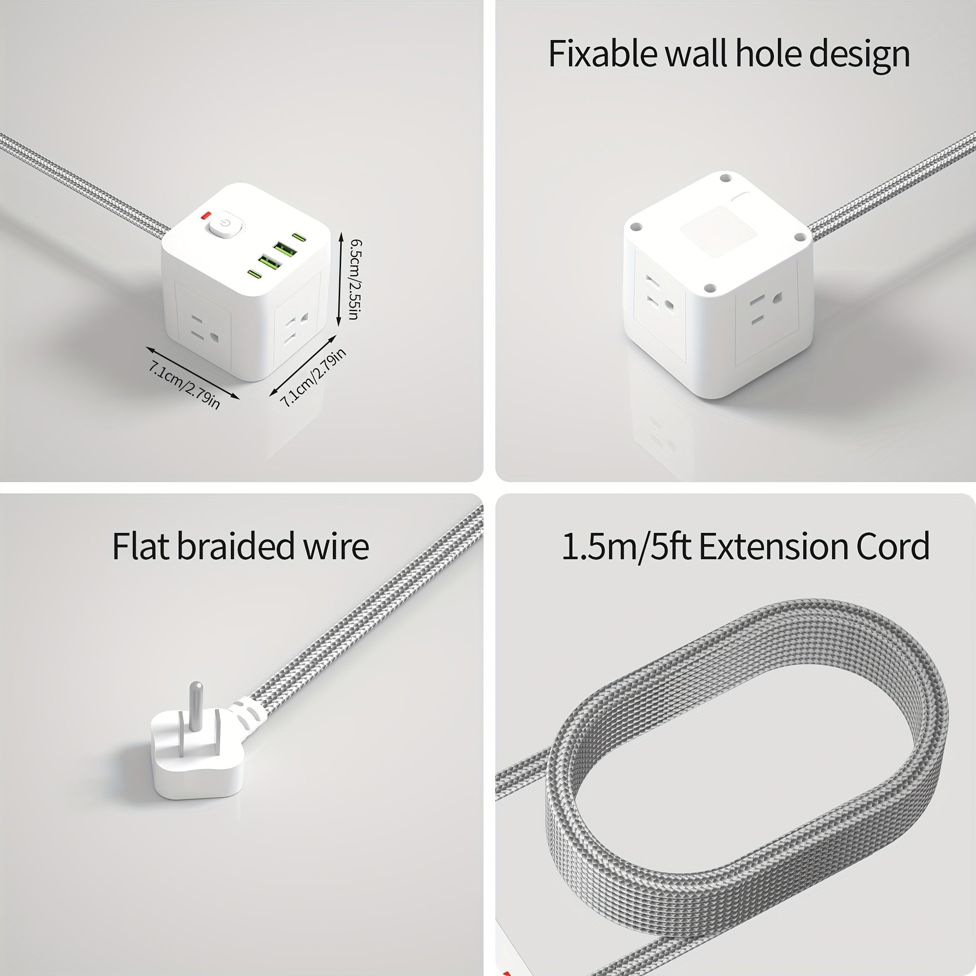 Compact Wall Outlet Featuring a 1.5-Meter (5-Foot) Extension Cable, Designed to Meet American Standards. It Comes with Two Sets of 8-In-1 Versatile Sockets, an Individual Power Switch for Each Socket, And a Surge Protection Feature
