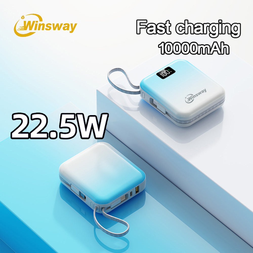 Winsway 10000mAh mini gradient color convenient mobile power bank, built-in USB-C cable, dual line 2-in-1, 22.5W fast charging portable charger, LED display screen, portable for boarding, outdoor travel, preferred gift giving