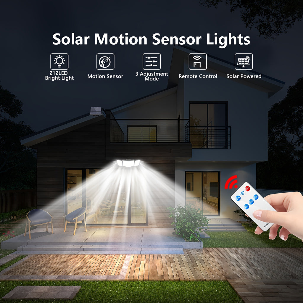 1/2 Pack Solar Outdoor Light, High Brightness, 212 LED Solar Motion Sensor Light with Remote Control, 3 Adjustable Head Wall Light with 3 Lighting Modes, Wide Angle Illumination, Security LED Floodlight, Perfect for Outdoor, Wall Light, Street Light
