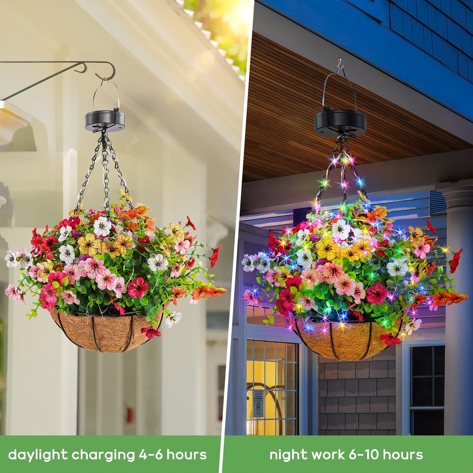 One-Piece Solar Hanging Light with Automatic On/Off Sensor, Solar Flower Basket Light with Artificial Plants - Outdoor Garden, Courtyard, Path, Lawn Decoration - Landscape Solar Lighting, No Wiring Needed, Durable Plastic Structure