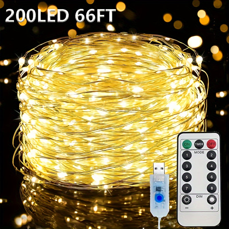 USB灯串 | 66FT 200LED, 33Ft 100 LED, 16.4FT 50LED 变色银丝灯，带8种照明模式遥控器，适用于工艺品卧室天花板圣诞装饰，彩色铜丝灯，USB供电，包含纽扣电池
