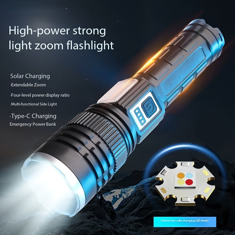 Solar Charging LED Flashlight High Lumen 2400mAh Battery COB Side Fill Light 9 Lighting Modes Zoomable & Beam Adjustable Non-Slip Grip Handheld Flashlight for Camping Mountaineering Home Daily Lighting