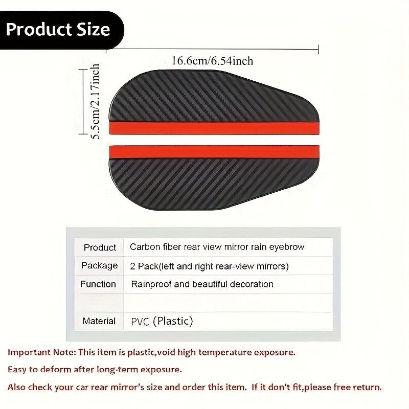 2Pcs Carbon Fiber Texture Car Side Mirror Rain Deflector - For Windproof Sun Visor, Reduces 90% of Raindrops, Enhances Clear Visibility, Sporty Style Exterior Upgrade, Mirror Rain Cover, Car Side Mirror Rain Cover, Car Window Rain Guard
