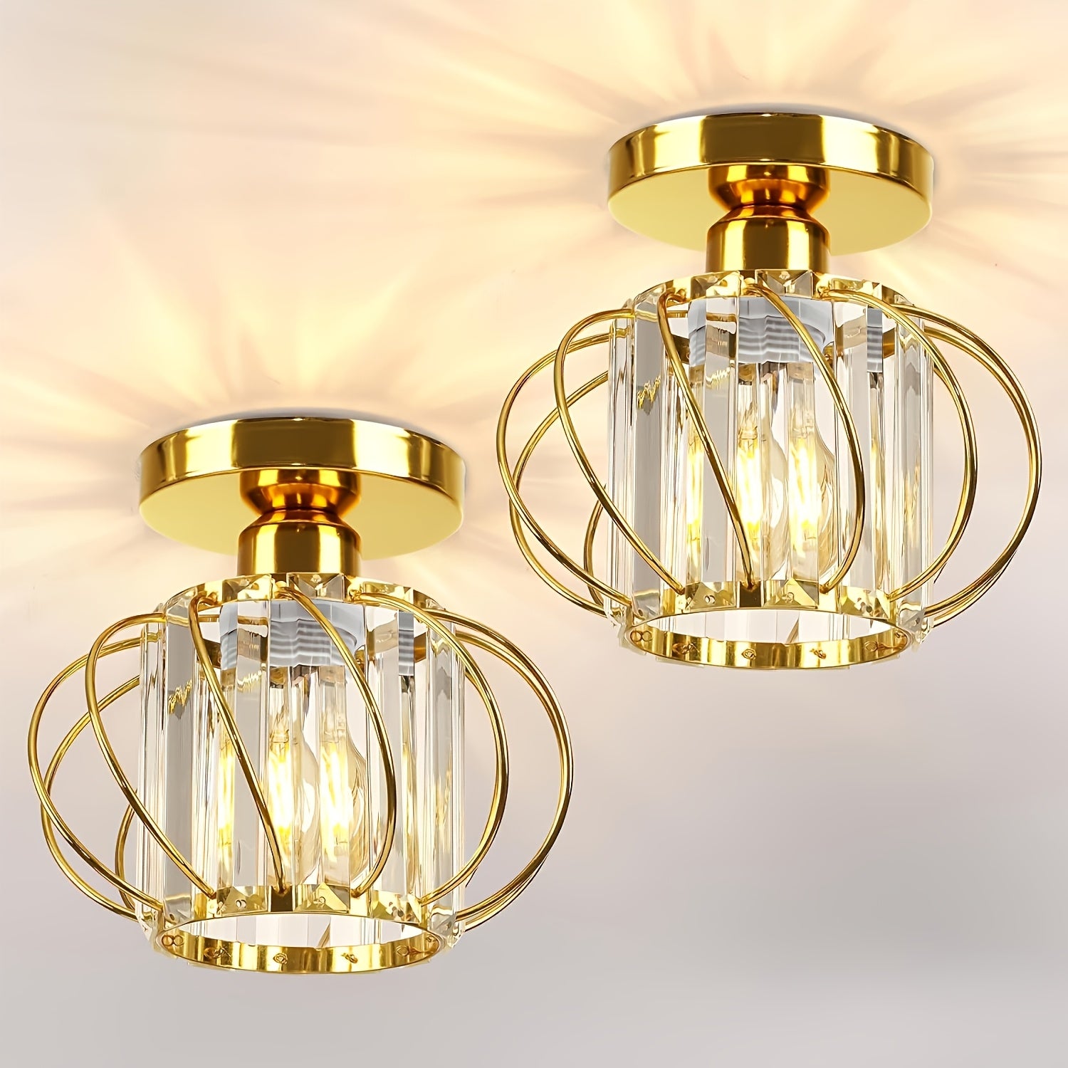 2-Piece Modern Industrial Semi-Flush Mount Pendant Light with Crystal Accents - Polished Metal Cage Design, Semi-Flush Mount Installation for Living Room, Kitchen, Bathroom, Entryway - Bulbs Not Included, Kitchen Lighting