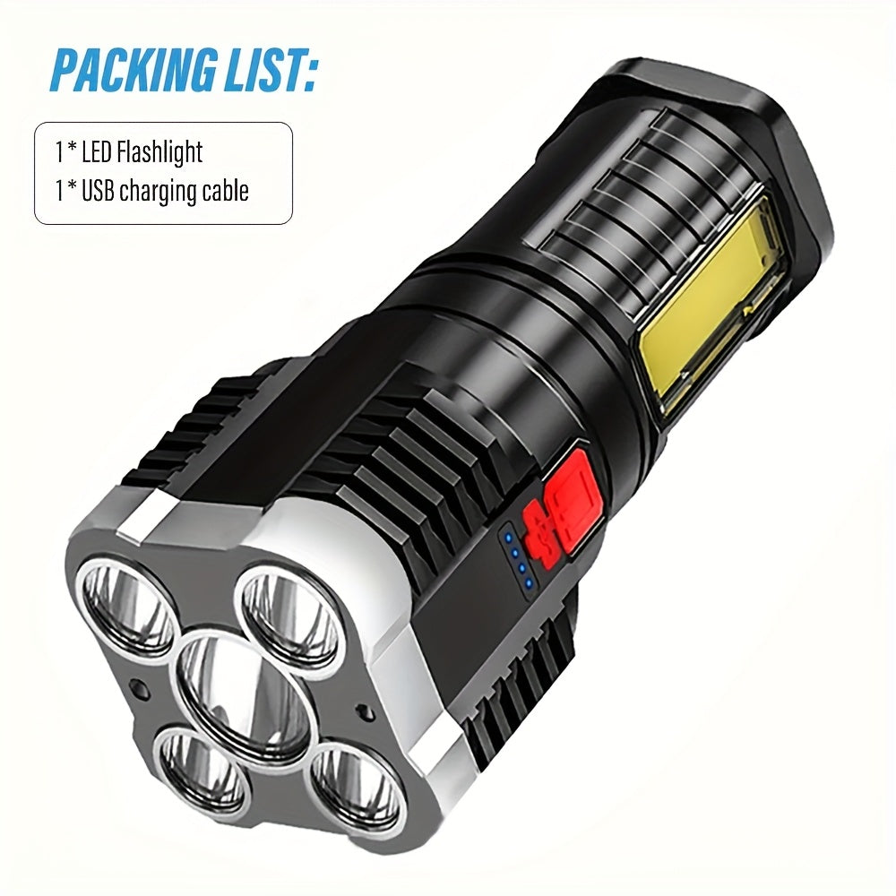 1PC 5LED High-Power Tactical Handheld Flashlight, Rechargeable Camping Light with COB Side Light & 4 Lighting Modes, Ideal for Camping, Exploration, Hiking, Outdoor Activities & Home Emergency Use